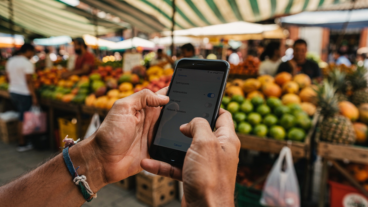 A close-up shot of hands navigating the manual network selection menu on a smartphone, with a backdrop of colorful street vendors in a Colombian market, illustrating a common travel scenario.
