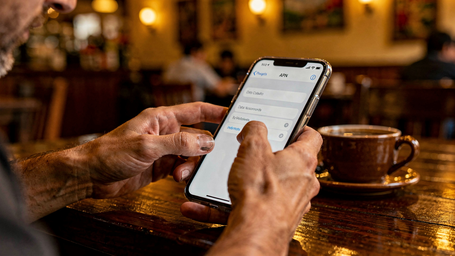 A traveler meticulously adjusting APN settings on their smartphone in a quiet corner of a busy Colombian coffee shop, with a strong cup of tinto nearby.