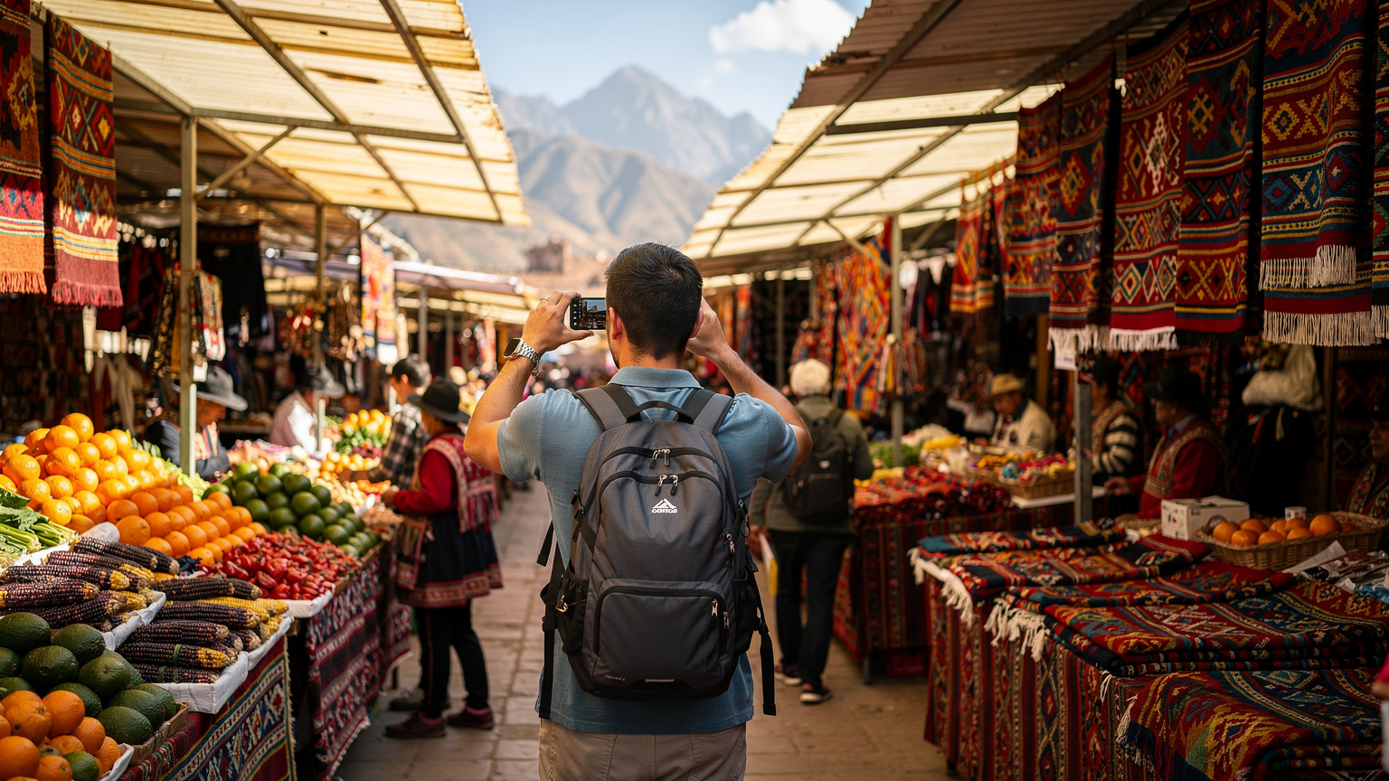 Ein bunter Marktstand in Cusco, Peru, mit einem Reisenden, der sein iPhone 17 hochhält, um ein Foto zu machen, im Hintergrund die Anden.
