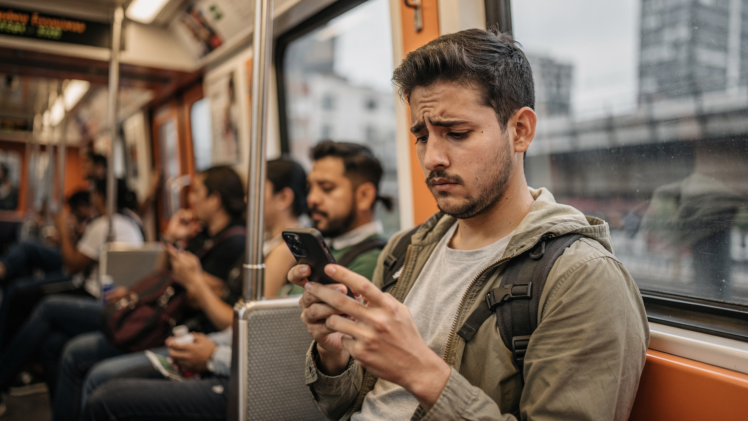 Ein Reisender, der in einer U-Bahn in Mexiko-Stadt sitzt und versucht, die APN-Einstellungen auf seinem iPhone zu überprüfen, während er etwas verwirrt aussieht.
