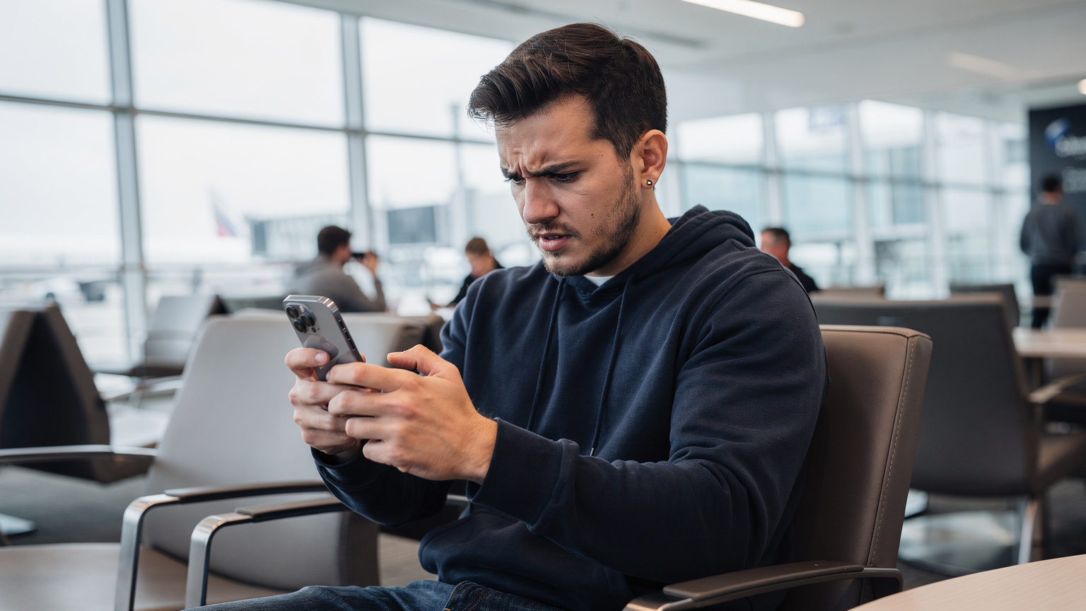 Ein junger Mann, der an einem Flughafen in Toronto wartet und frustriert auf sein iPhone 17 schaut, während er versucht, eine VoLTE-Verbindung herzustellen.