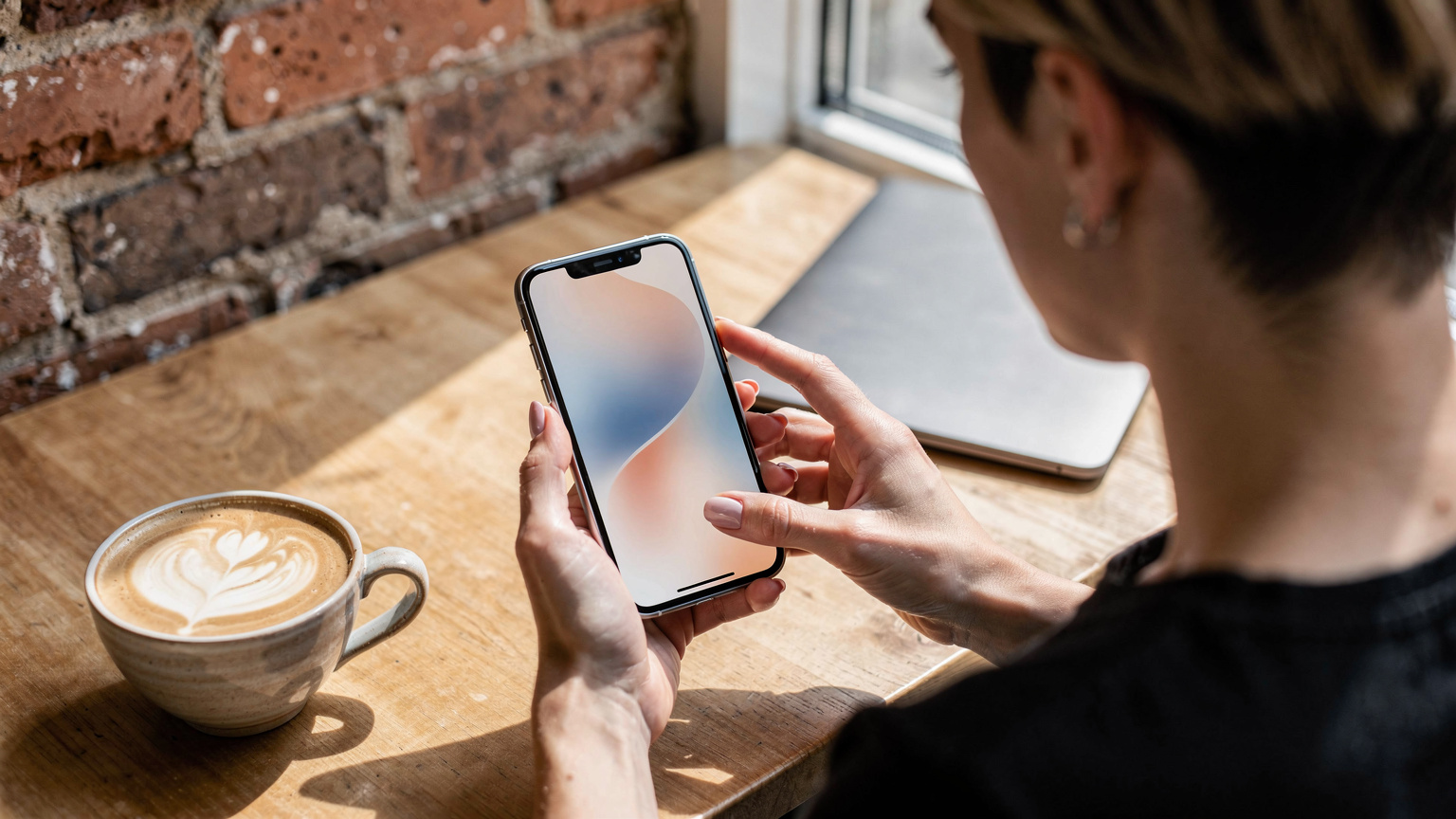 Eine junge Frau, die ihr iPhone 17 in einem modernen Café in Vancouver betrachtet, während sie ihren Datenverbrauch überprüft, mit einem Laptop und einer Kaffeetasse im Hintergrund.