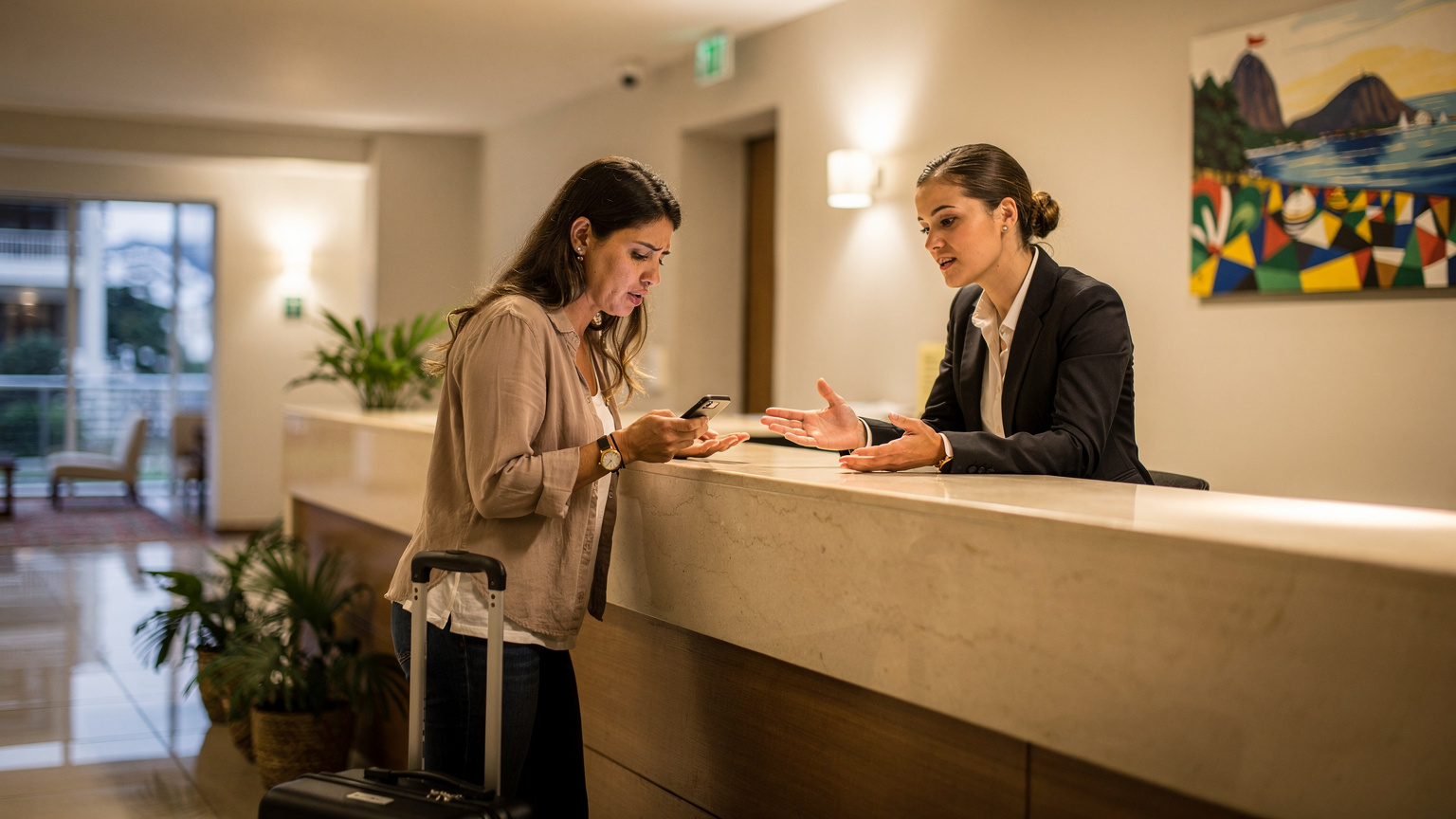 Uma mulher em um balcão de check-in de hotel, olhando para seu smartphone com uma expressão de confusão, enquanto o recepcionista tenta ajudar, no lobby de um hotel em Copacabana, Rio de Janeiro.