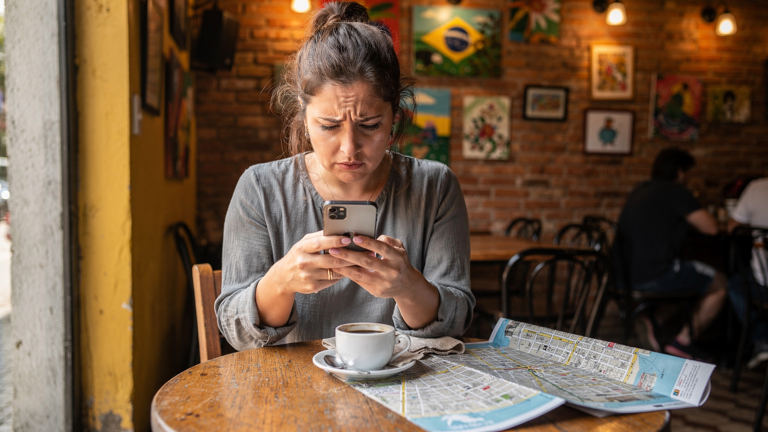 Uma mulher em um café aconchegante no bairro da Vila Madalena, em São Paulo, olhando para seu smartphone com uma expressão de preocupação, com uma xícara de café ao lado e um mapa turístico aberto sobre a mesa.