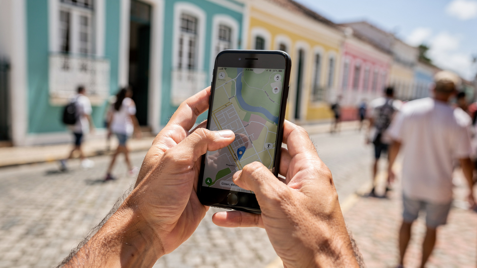 Um close-up das mãos de uma pessoa segurando um smartphone, com os dedos tocando a tela enquanto navega em um mapa digital, em um ambiente de rua movimentada no centro de Salvador, Bahia.