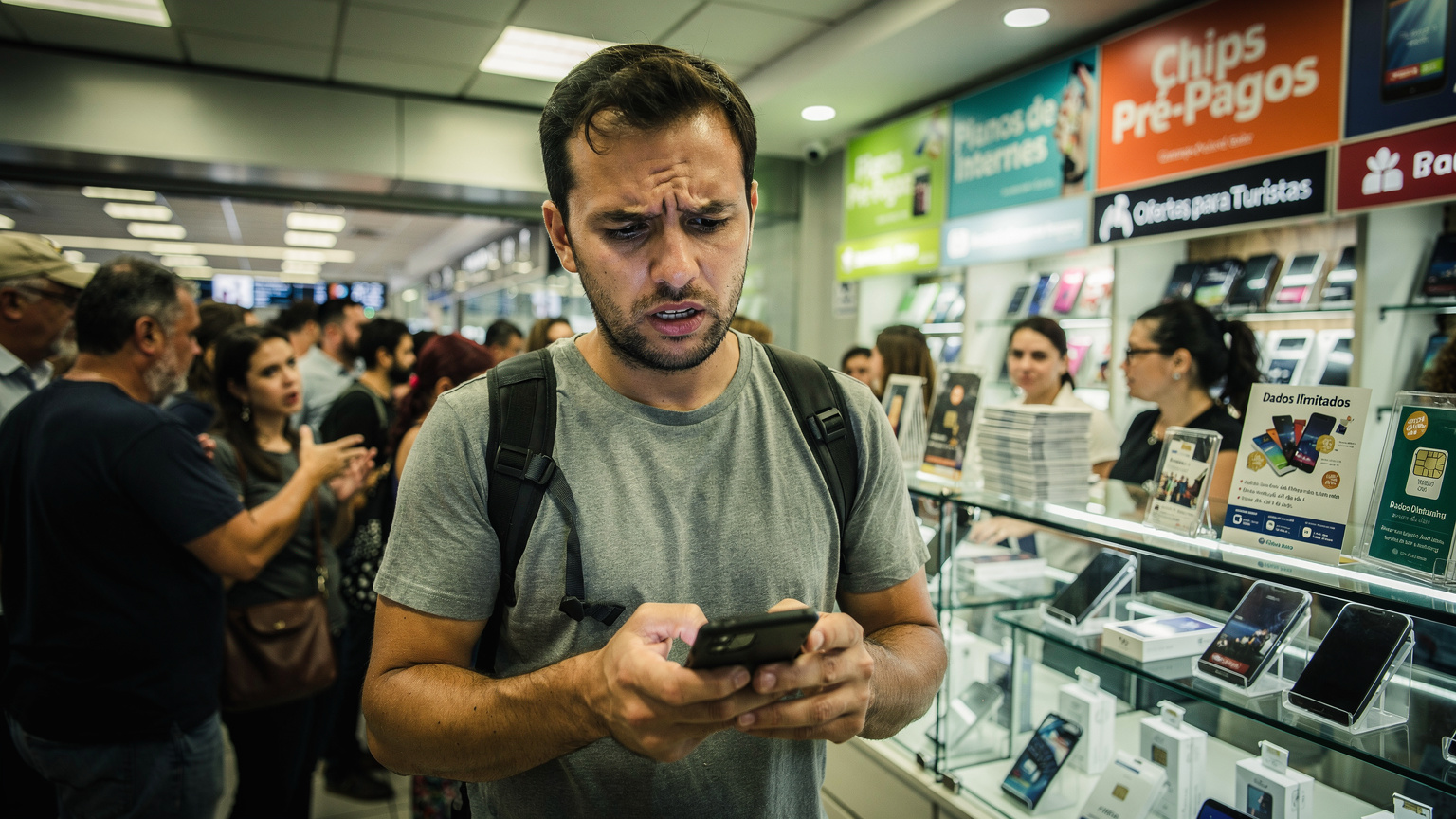 Un turista frustrato controlla il suo telefono in un negozio di telefonia affollato all'aeroporto di Rio, circondato da file di persone e cartelli in portoghese, cercando di acquistare una SIM fisica durante l'alta stagione del Carnevale.