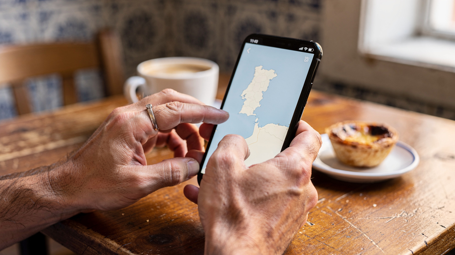Mãos de um homem com anel de viagem, a segurar um telemóvel aberto numa aplicação de mapas, com um mapa de Portugal visível, num café acolhedor em Lisboa.