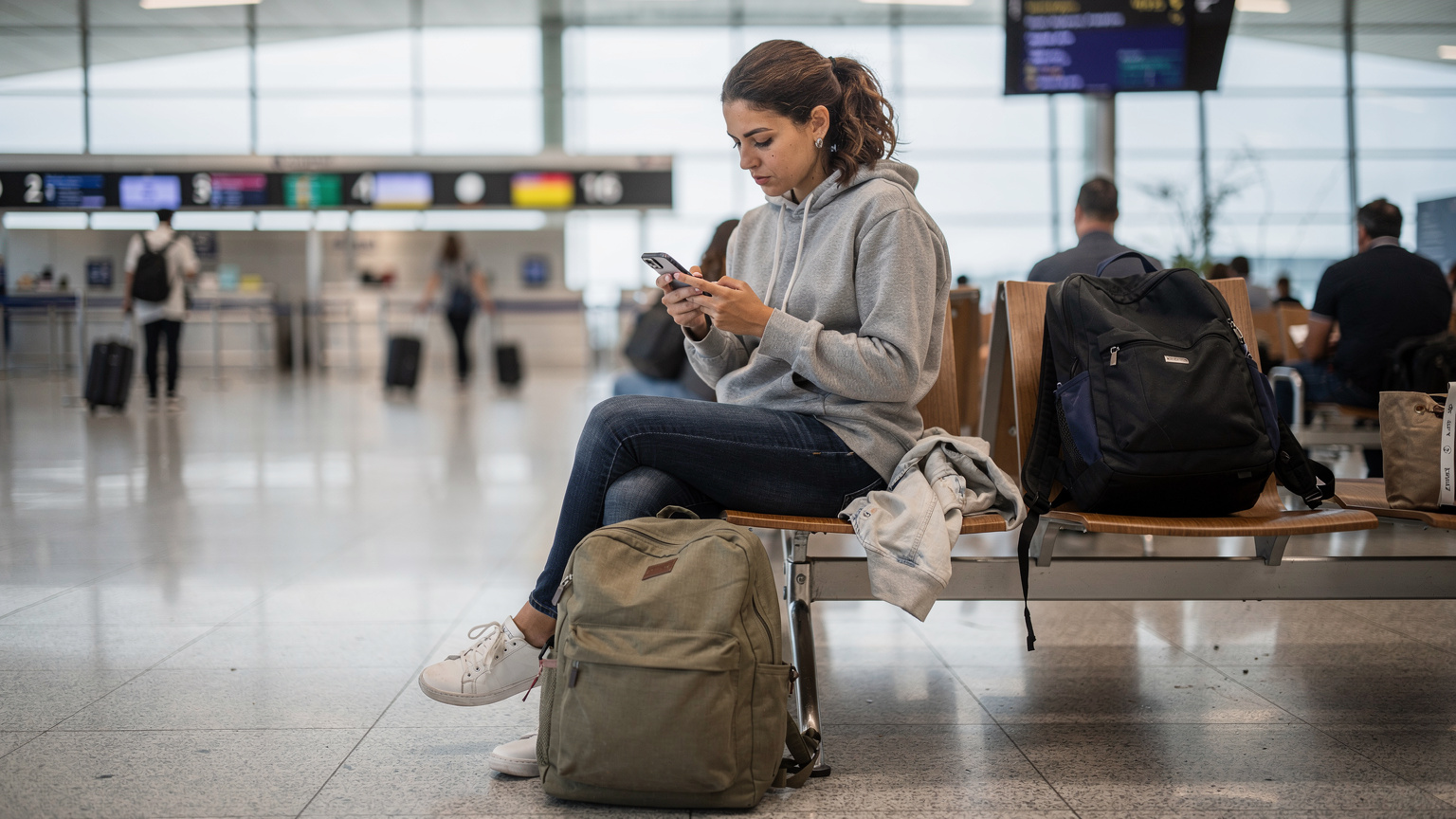 Uma mulher a comparar opções de eSIM no seu telemóvel enquanto espera no Terminal 1 do Aeroporto de Lisboa, antes de levantar a sua mochila.