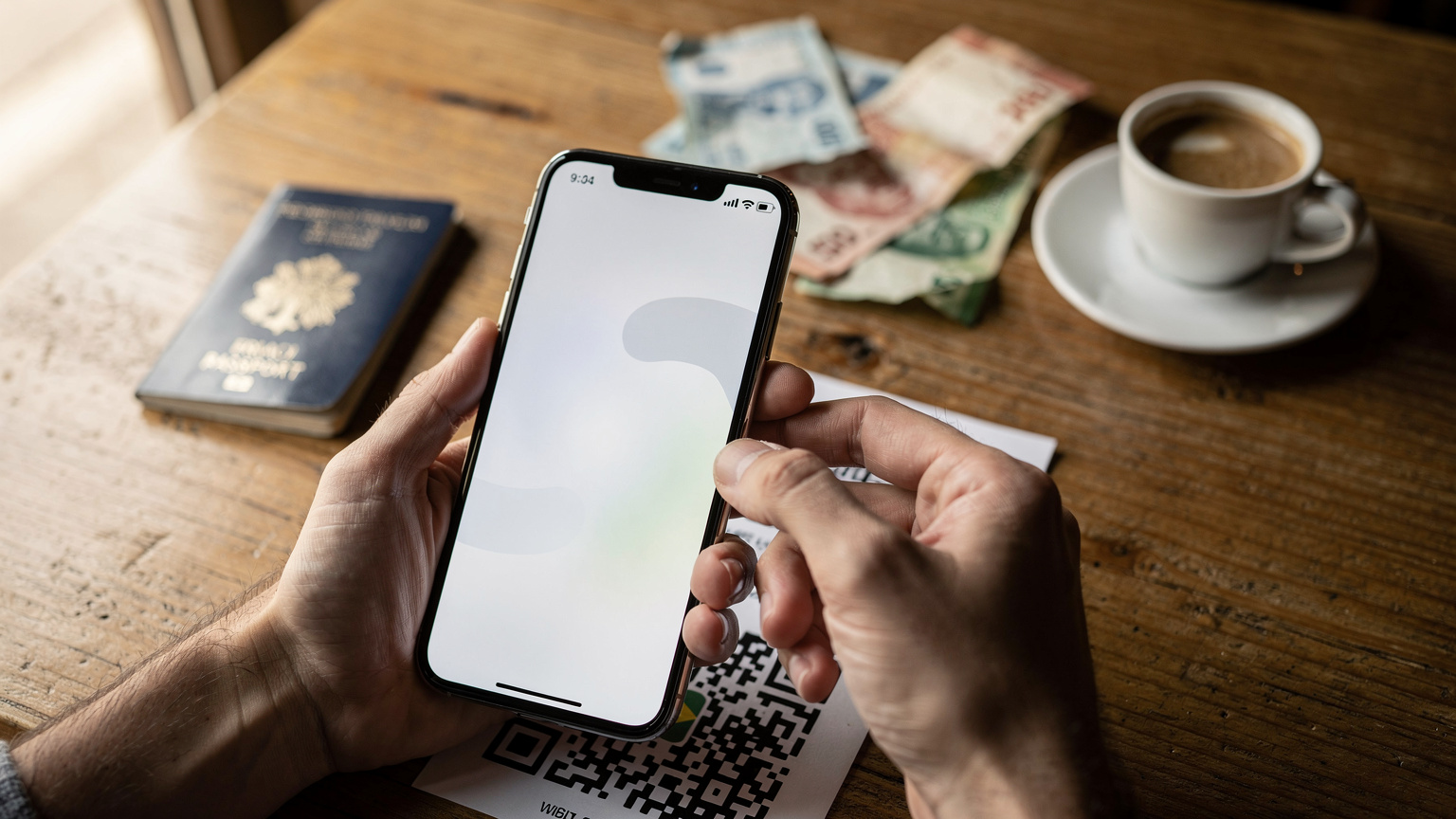 Un gros plan sur des mains tenant un smartphone et scannant un QR code pour activer une eSIM, avec un passeport et des devises sud-américaines en arrière-plan sur une table de café.