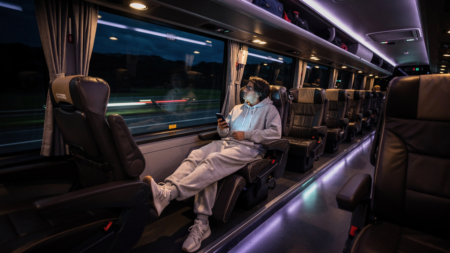 Un bus de nuit brésilien sur une route inter-états, avec un voyageur à l'intérieur utilisant son téléphone, l'éclairage intérieur tamisé créant une ambiance de voyage nocturne.