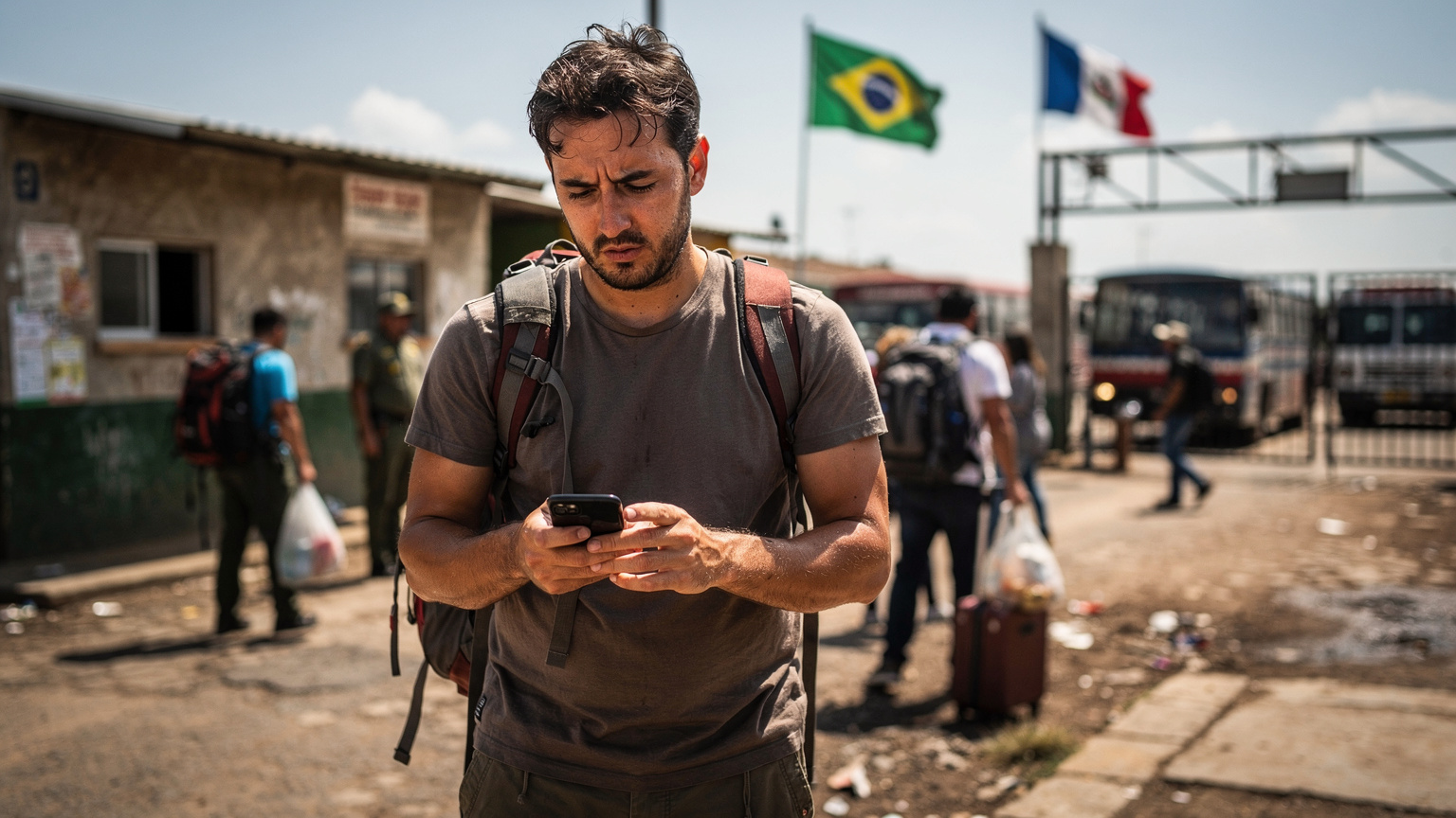 Un backpacker attend avec un air pensif à un poste frontière terrestre en Amérique du Sud, son téléphone à la main, avec des drapeaux flous du Brésil et du Pérou en arrière-plan.