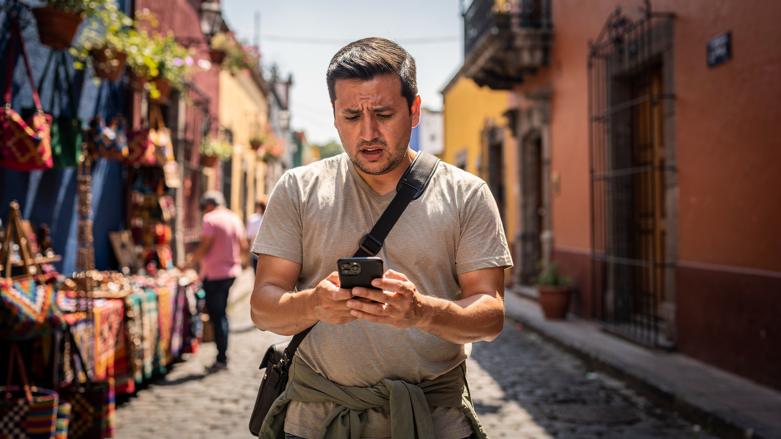 Un voyageur soucieux regardant son smartphone avec une notification "Pas de service" affichée, debout devant une ruelle historique et colorée du quartier de Coyoacán à Mexico, ambiance de marché en arrière-plan.