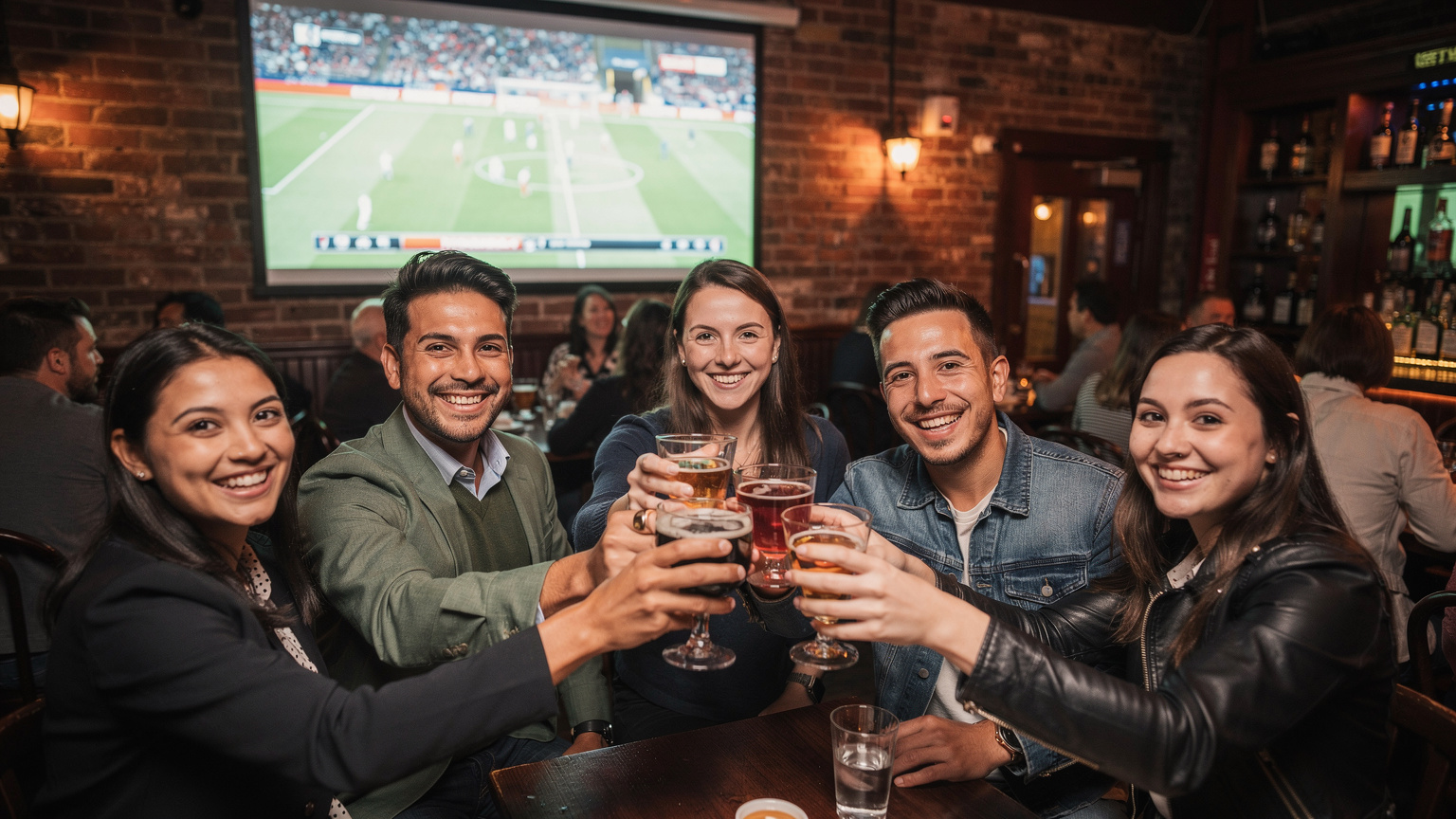 Un groupe d'amis souriants levant leurs verres dans un pub animé du quartier de Gastown à Vancouver, Canada, regardant un match de football sur un grand écran, l'ambiance y est festive et connectée.
