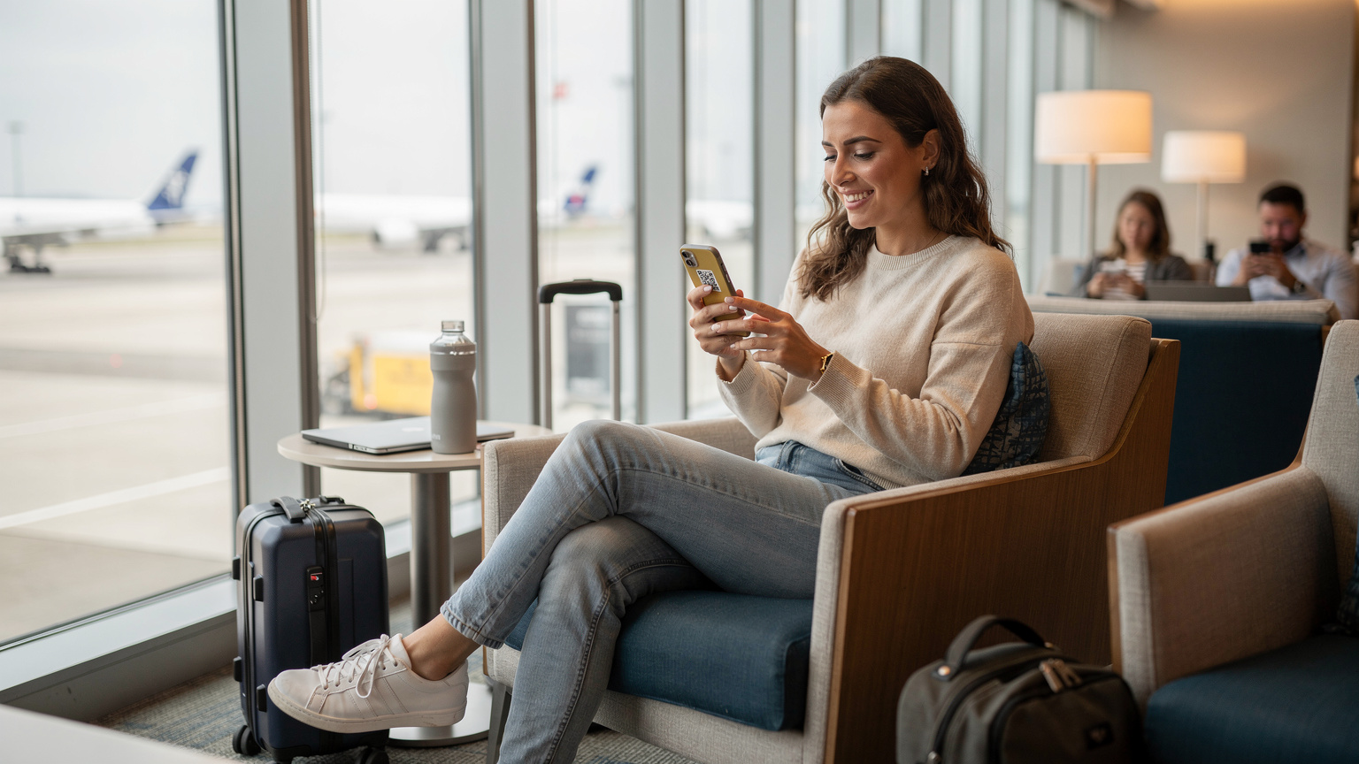 Une voyageuse souriante active son eSIM en scannant un QR code sur son smartphone, assise confortablement dans un salon d'aéroport moderne et lumineux, avec des valises à côté d'elle, prête pour l'aventure.