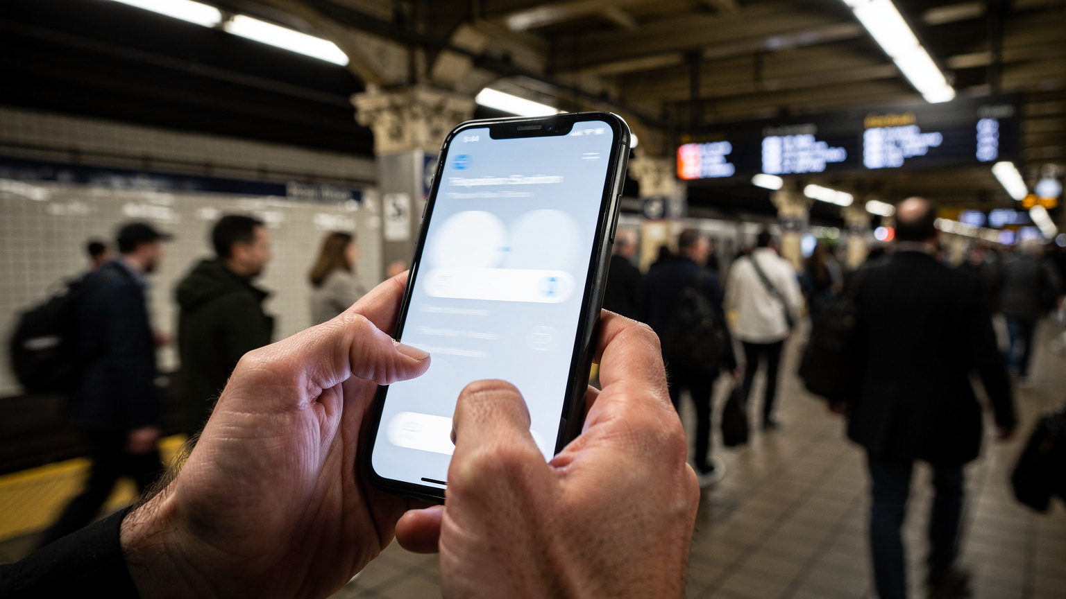 Un smartphone affichant les paramètres de connectivité avec une liste d'opérateurs réseau, tenu par des mains humaines sur le quai animé de la gare de Penn Station à New York, avec des passagers et des écrans d'information en arrière-plan.