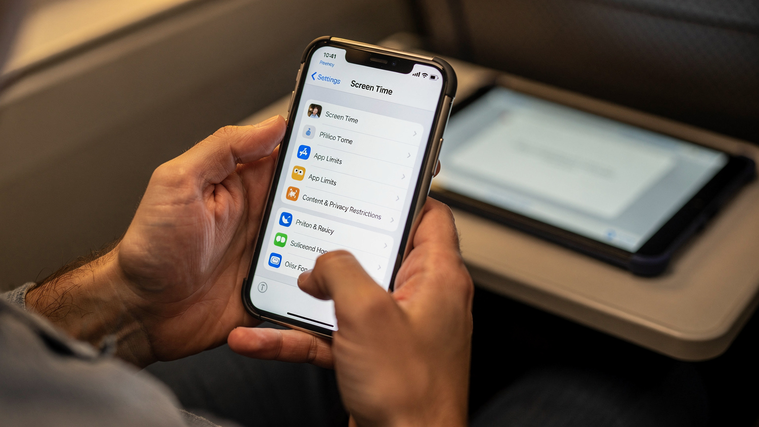 A parent's hands are precisely adjusting the 'Screen Time' settings on an iPhone, with specific options for app limits and content restrictions clearly visible, while a child's tablet is slightly blurred in the background.