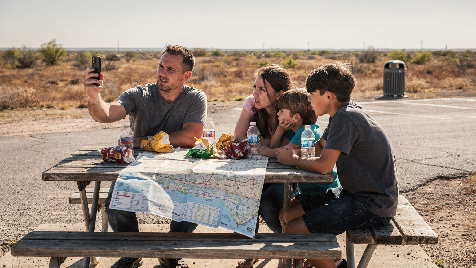 A family of four, parents and two children, are gathered around a picnic table at a rest stop in Texas, looking concerned at a smartphone with no signal bars, amidst empty snack wrappers and a physical map.