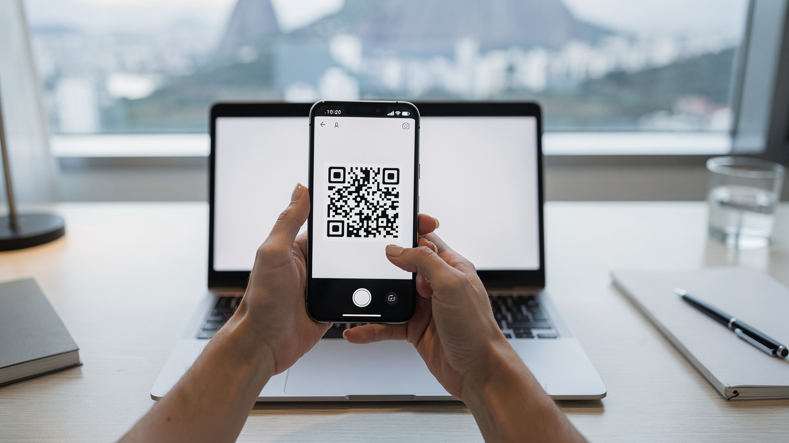 Mãos de uma pessoa segurando um Google Pixel 9 e escaneando um código QR para ativar um eSIM, com um notebook ao fundo exibindo o mesmo código QR.