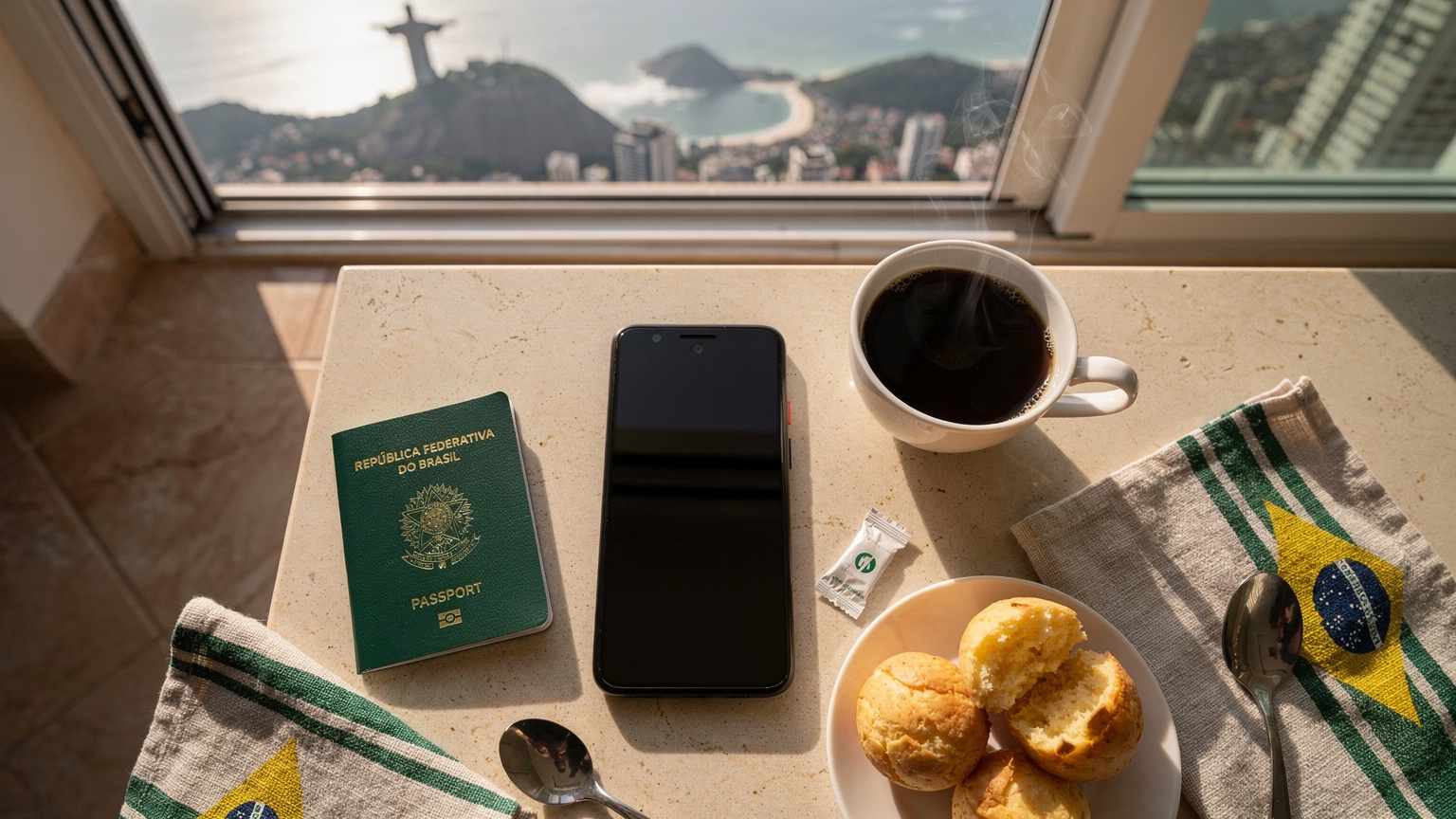 Uma mesa de café da manhã em um hotel no Rio de Janeiro, com um Google Pixel 9, um passaporte brasileiro, uma xícara de café, pão de queijo e uma vista panorâmica do Cristo Redentor pela janela.